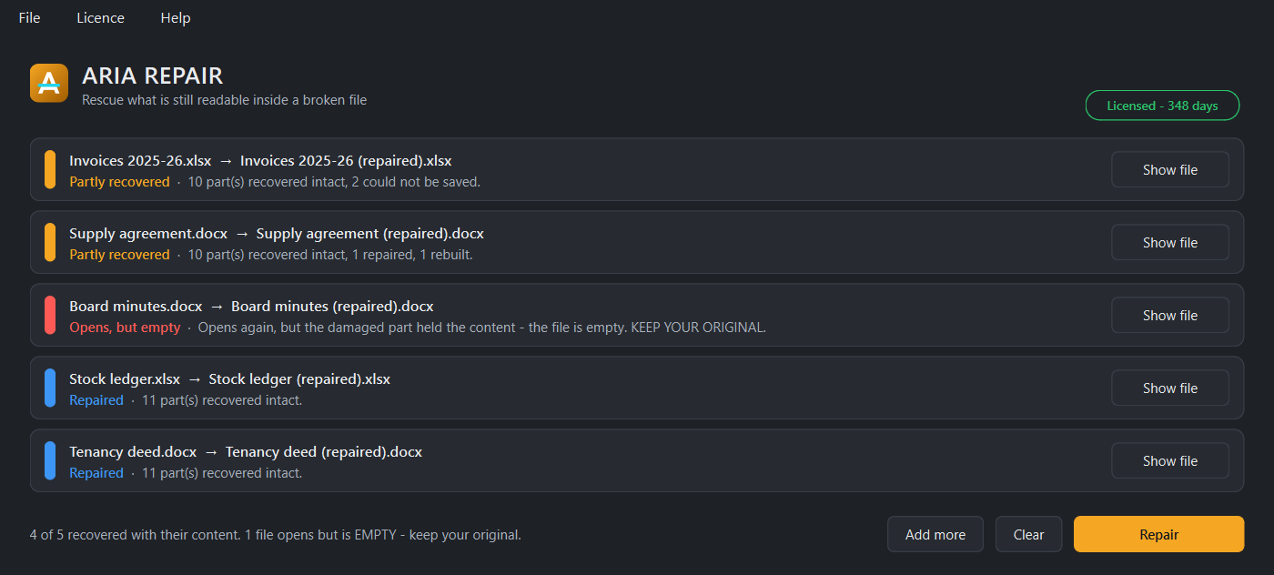 The ARIA REPAIR window listing five damaged files with their
                  results: two partly recovered, one that opens but is empty,
                  and two repaired.