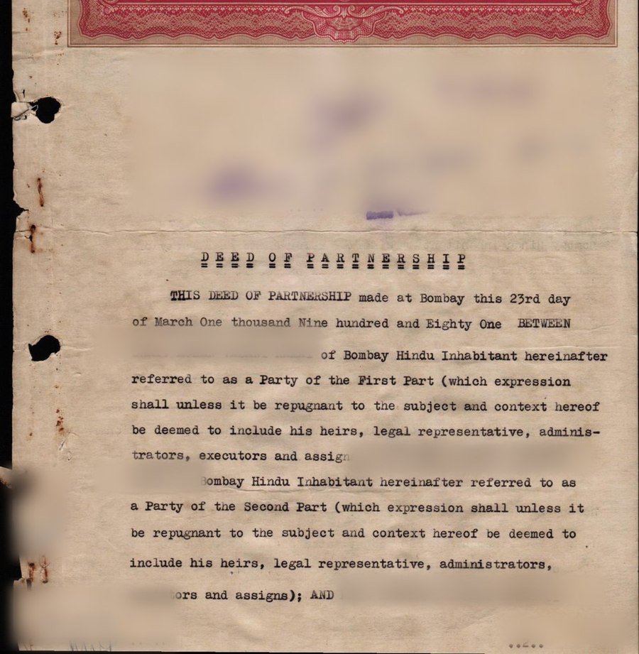 A scanned 1981 partnership deed on Indian stamp paper, with
                  names blurred