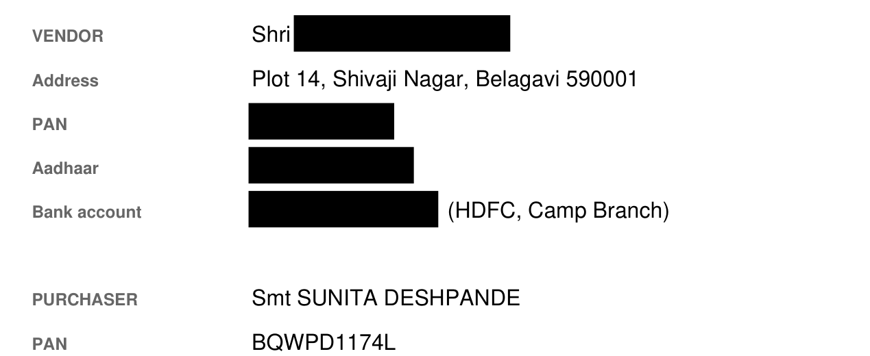 The same deed after ARIA PDF redaction: the name, PAN,
                    Aadhaar and account number have been deleted from the file
                    and the places they occupied are marked with black bars.