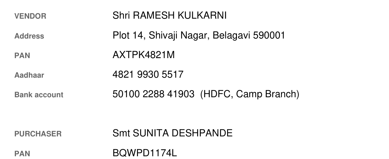 A sale deed showing the vendor's name Shri Ramesh Kulkarni,
                    his address, PAN AXTPK4821M, Aadhaar number and bank account
                    number, all clearly readable.